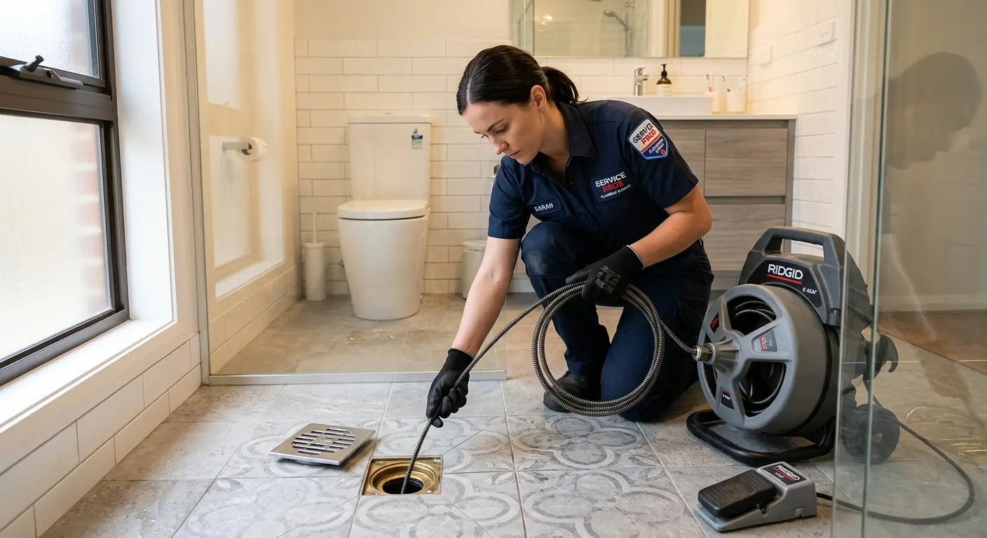 Technician clearing a bathroom floor drain for Drain Repair in Sahuarita